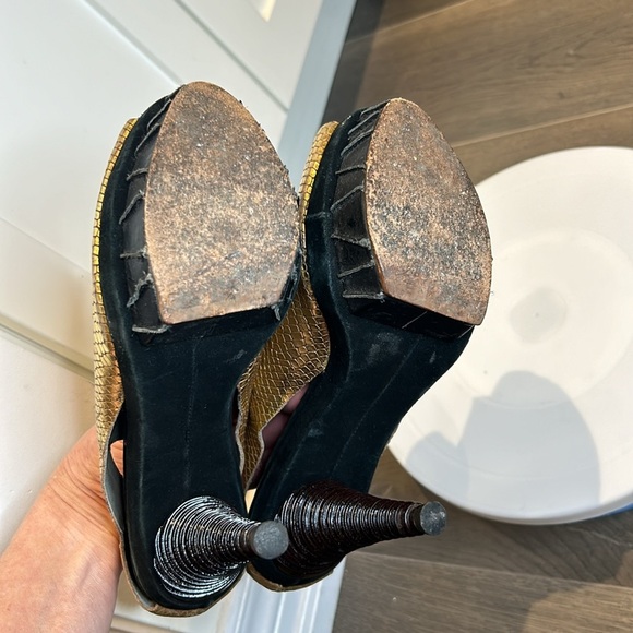 FINSK Platform Gold Faux Snakeskin Open Toe Stiletto Heels size Made in Italy - Picture 12 of 17
